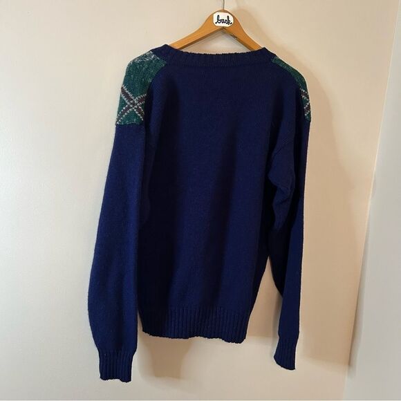 Gant Christmas holiday navy blue green red plaid v-neck natural fiber sweater me - Picture 4 of 8